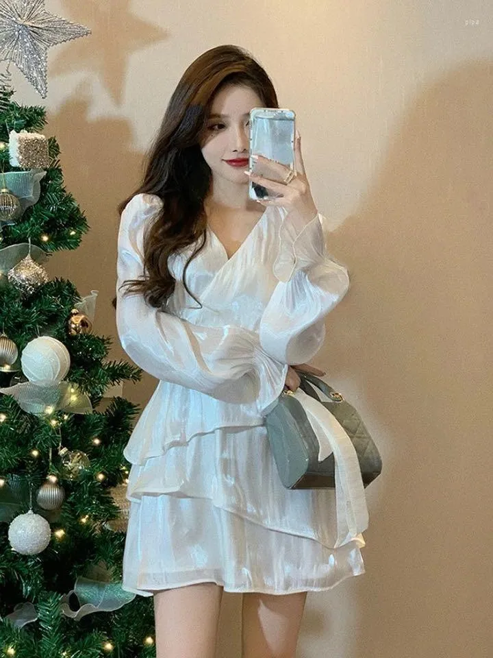 Casual Dresses Fairy Long Sleeve Sexy Mini Dress Woman Korean Style Short Party 2023 Spring Summer Cute White