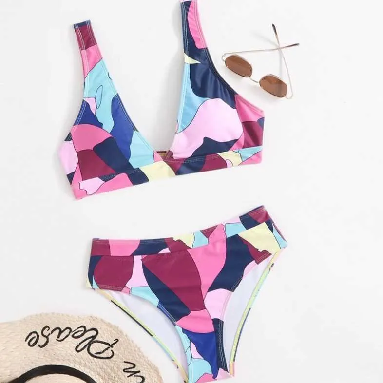 Swim Wear Women's Swimwear Yiiciovy Women Summer Bikini Sets Geometric Print V-Neck Bikinis Padded Bras + High-Waist Briefs Swimsuit for Ladies Beachwears AA230529