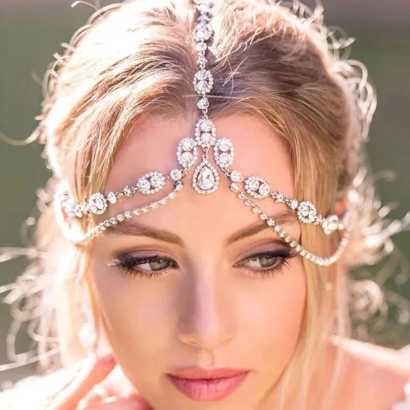 Bridal Rhinestone Head Chain Multi-Layer Water Drop Forehead Headband,  Wedding Hair Jewelry for Women Wholesale Fashion Accessories