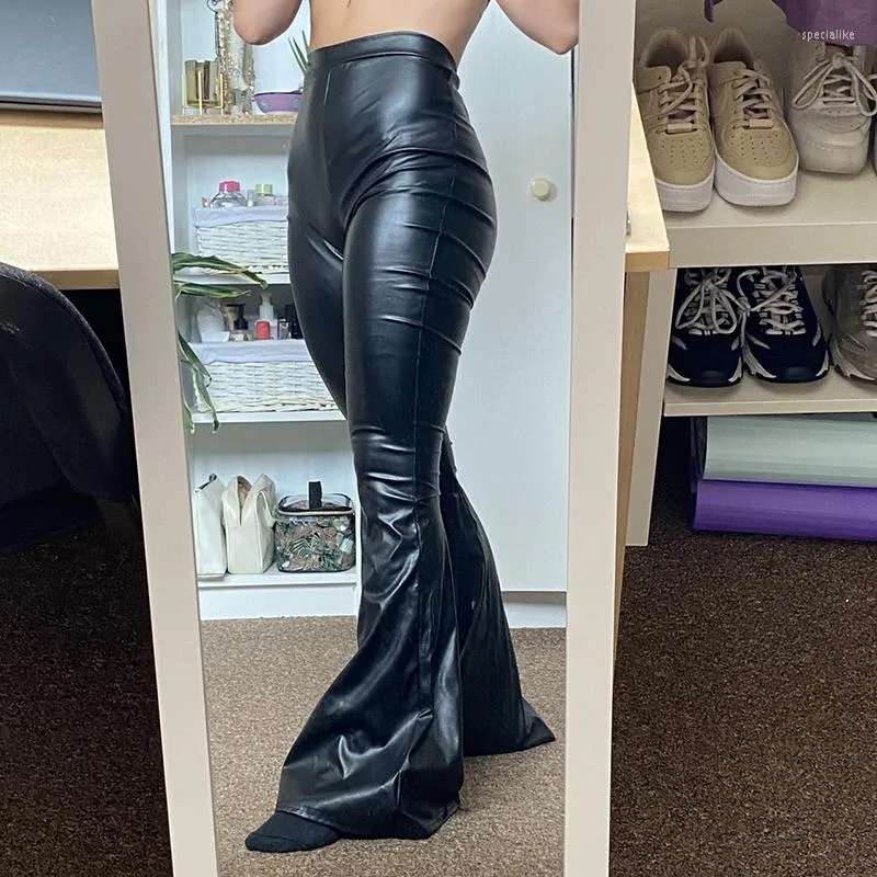 Calça feminina Sexy Skinny Leather Flare Punk High Waist