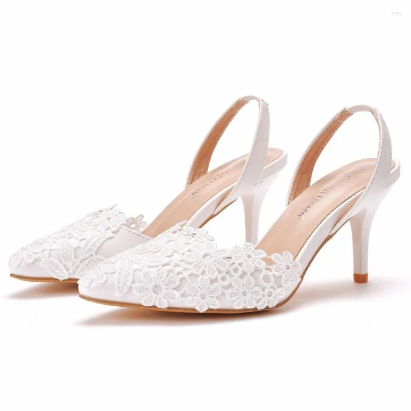 Sandalet 7cm sığ ağız sivri beyaz dantel ince topuk düğün ayakkabıları gelin elbise