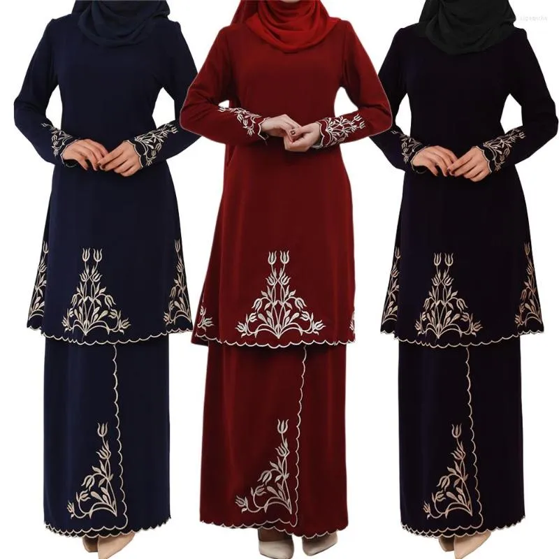 Etnische kleding 2 stuks set moslimvrouwen abaya's geborduurde tops lange maxi rok eid kaftan kalkoen islamitische Arabische jurken Dubai outfits