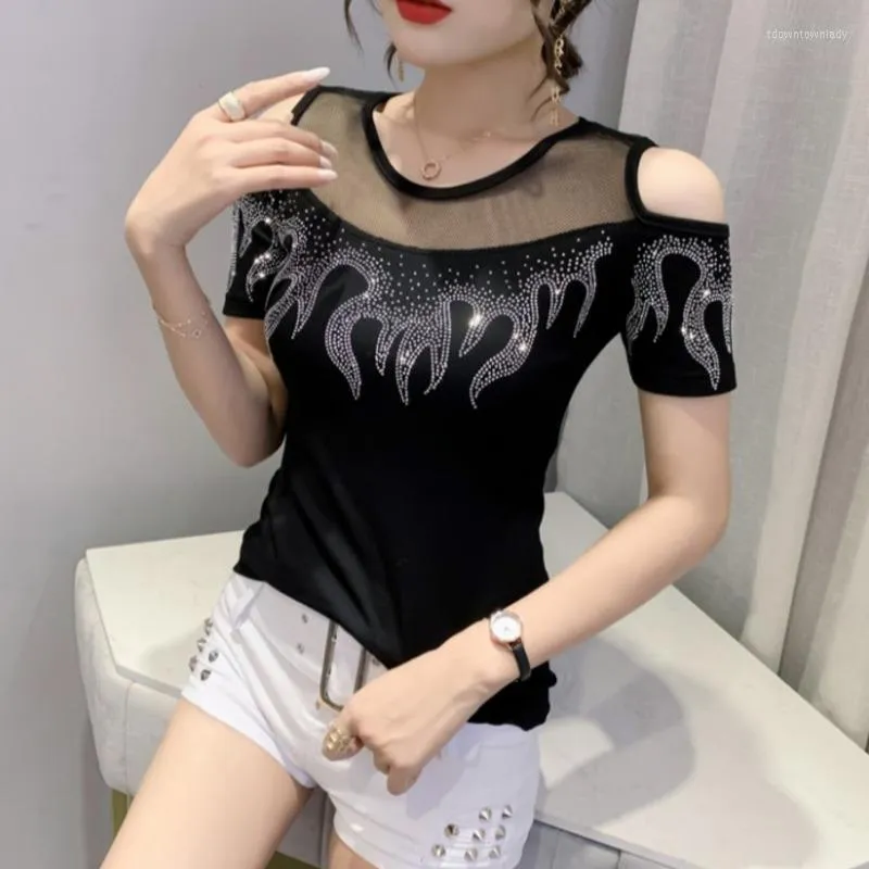 Kvinnors T -skjortor Summer Short Shirt Women Diamonds Sexig Off Shoulder Tight Streetwear Tee Black Green Red Spliced ​​Mesh Tshirt