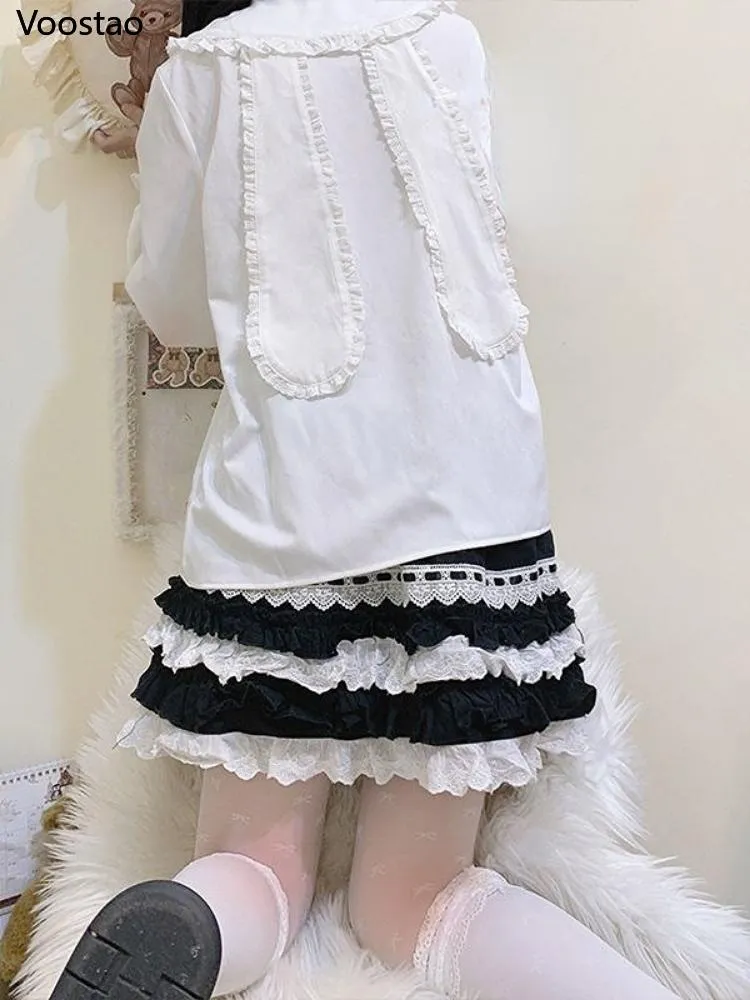 Shirts zoete witte lolita -stijl blouses vrouwen kawaii konijn oren Peter pan kraag shirts girly schattige ruches patchwork lange mouwen tops