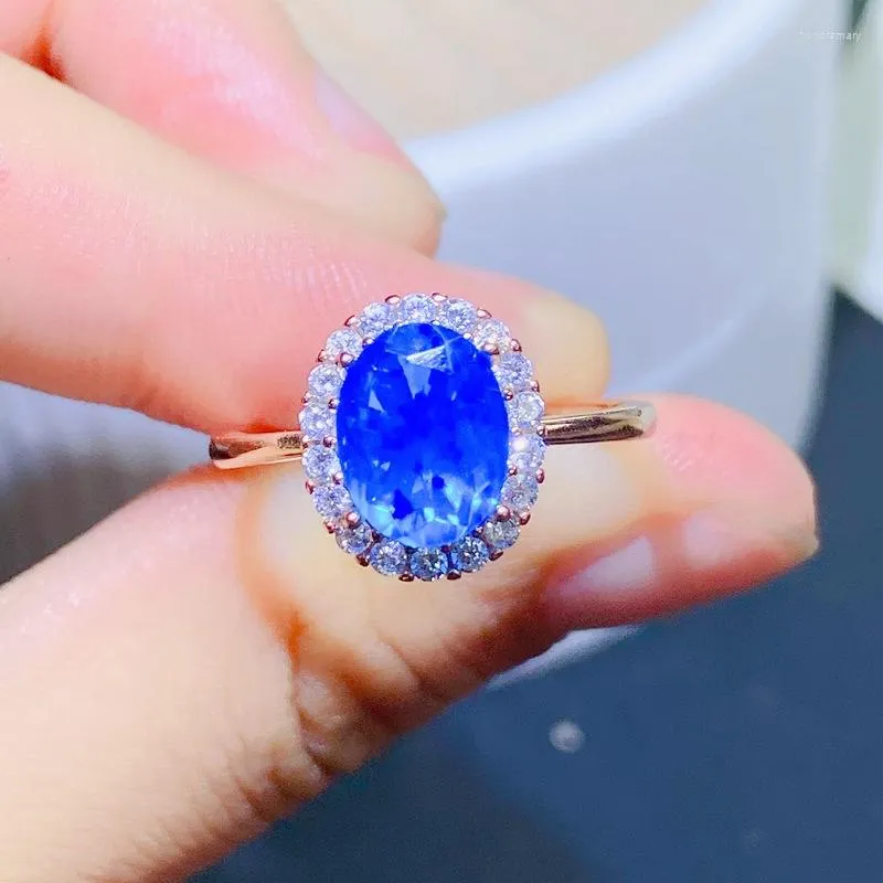 Pierścienie klastra sprzedaż sklepu Yulem Natural Blue Opal Pierścień 925 Srebrny Proces ze złotym złotym złotym procesem Prosty atmosfera 7x9 mm