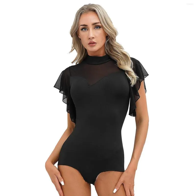 Stage Wear Womens Ruffle Mesh Short Sleeve Leotard Jumpsuits Latin Dance Performance Costume Mock Neck Self-Tie Keyhole Back Bodysuit