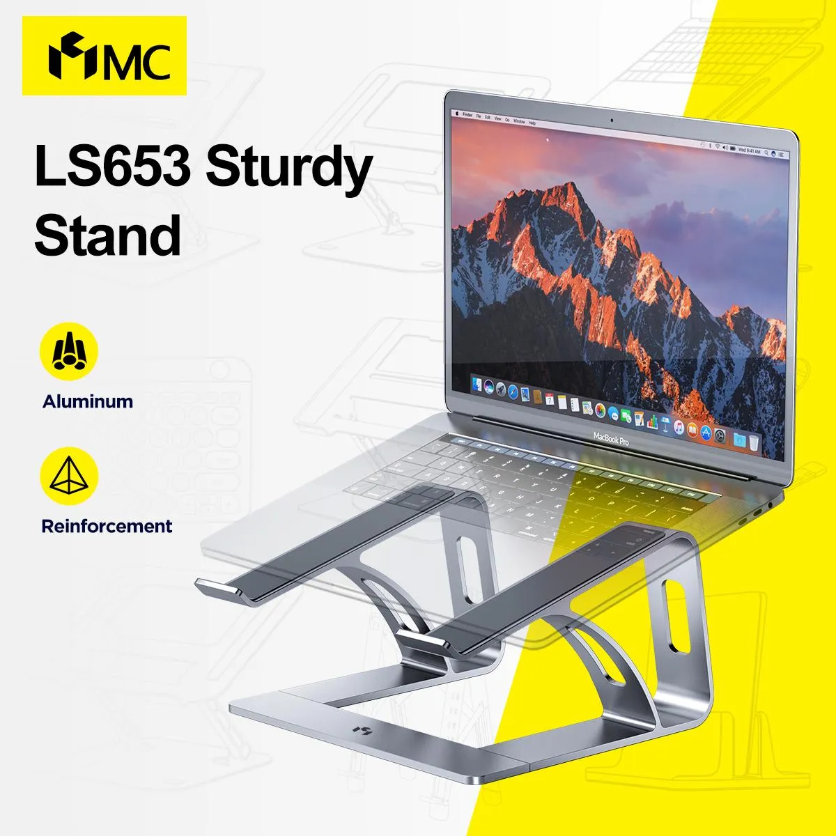 Стенд MC LS653 Эргономичный лифт ноутбуков для ноутбука для настольного алюминиевого металлического держателя, совместимого с 10-15,6 дюймами.