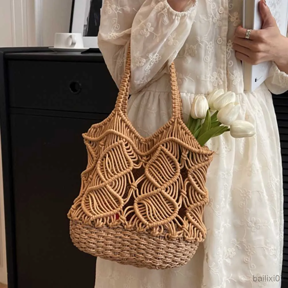 Other Bags Rope Hollow Straw Bag for Summer Tote Shoulder Bags for Women Round Beach Handbag Trends Straw Handbags 2023