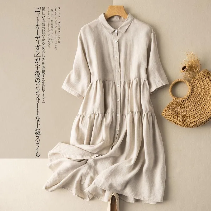 Dresses 100% Cotton Retro Casual Shortsleeve Dress Women's Vintage Solid Color Literary Midcalf Button Up Doll Collar Dresses Clothing
