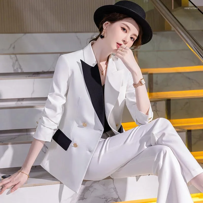 Women's Two Piece Pants Fashion Blazer Women Business Suits Pant And Jacket Sets Office Ladies Pantsuits Work Uniform White Patchwork OL