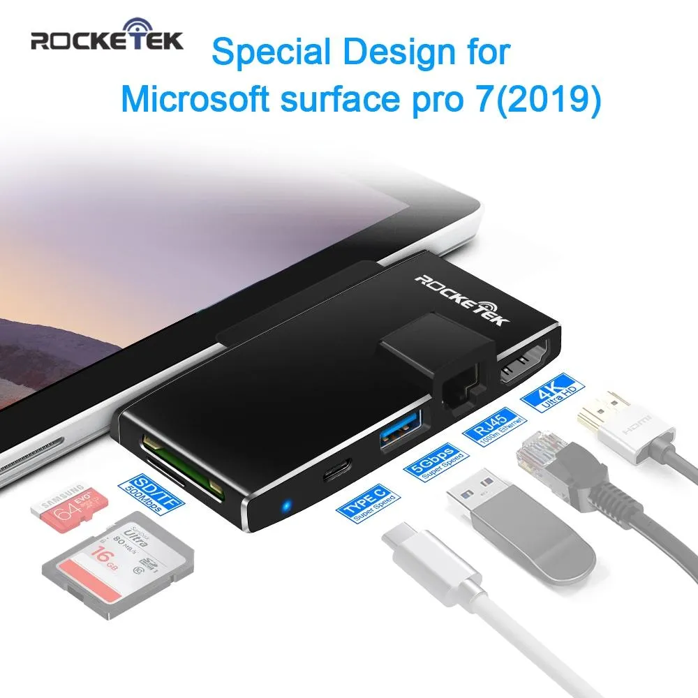 Stationer Rocketek USB 3.0 HUB 4K HDMICompatibl 1000Mbps Gigabit Ethernet Micro SD/TF för Microsoft Surface Pro 7 Laptop Docking Stations