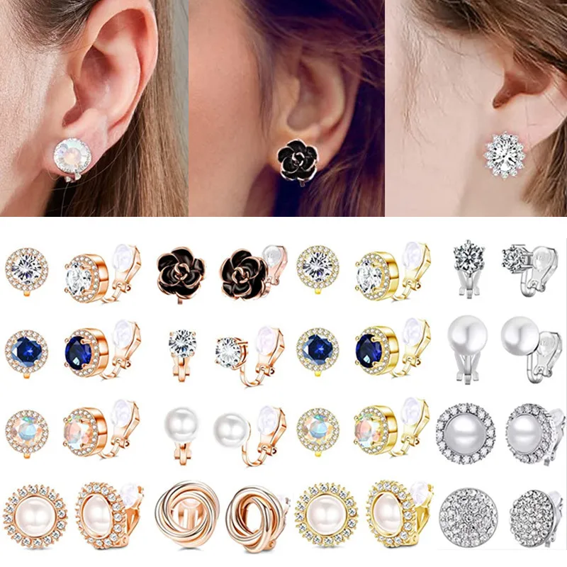 1Pair Simulated Pearl Clip on Earring Stud CZ Non Piered Earring for Women Ear Clip Fake Piercing Earring Ear Cuff No Piercing