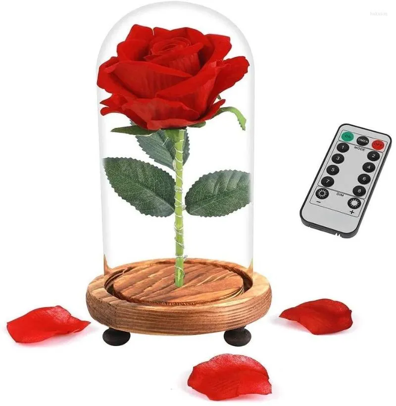 Flores decorativas Flor de rosa artificial com controle remoto Usb Plug Soap LED LUZ em uma cúpula de vidro Presentes de mulheres românticas
