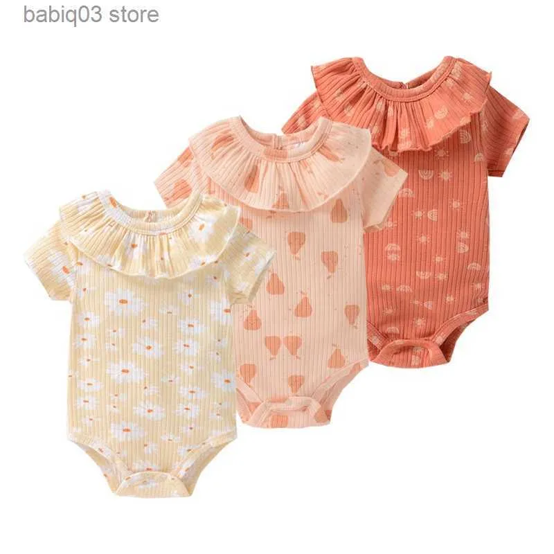 Barboteuses 3 pièces 2022 nouveau-né bébé fille vêtements coton à manches courtes été 0-12M infantile body couleur unie Bebes T230529