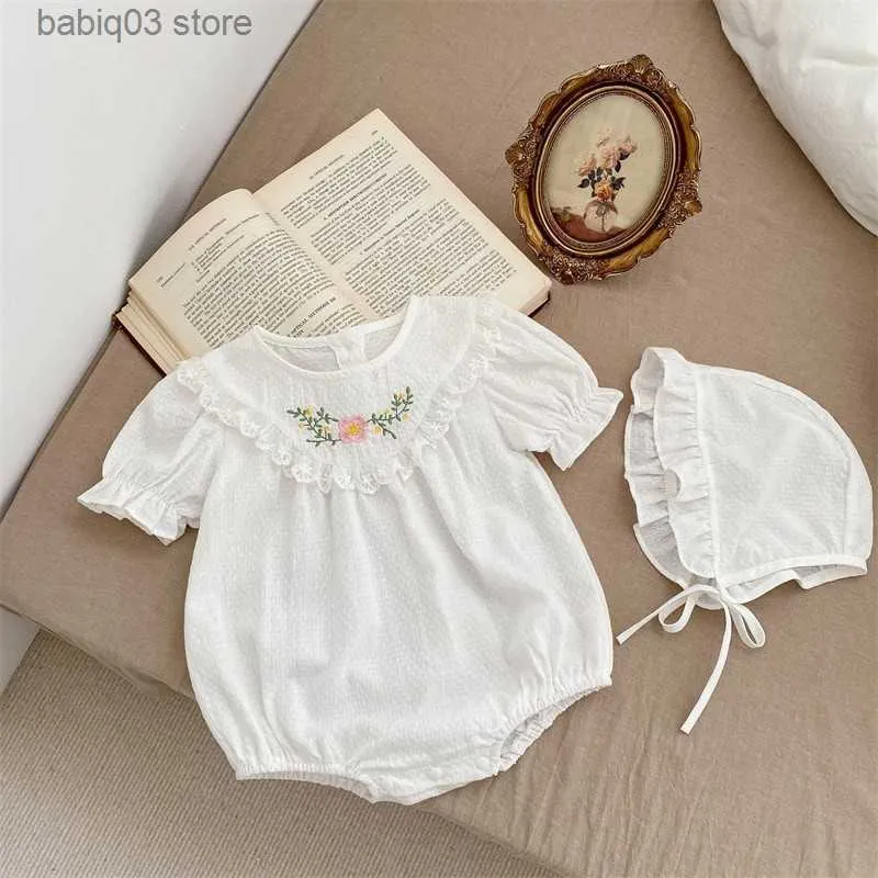 Rompers 2023 Summer New Baby Short Sleeve O-neck Embroidered Romper Girls White Bodysuit + Hat 2 Piecces Suit Kids Cotton Jumpsuit 0-2Y T230529