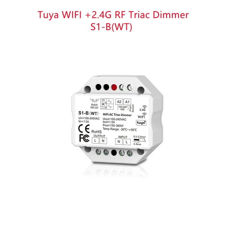 1CH * 1.5A WiFi-RF + Push AC Gradateur à coupure de phase S1-B(WT) Gradateur Triac Tuya APP Cloud Control / Voice Control S1-B WT LED Controller