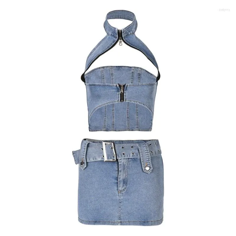 Abiti da lavoro Soefdioo Solid Denim Set due pezzi Donna Sexy Halter Crop Top e cintura Minigonna abbinata Estate 2023 Casual High Street