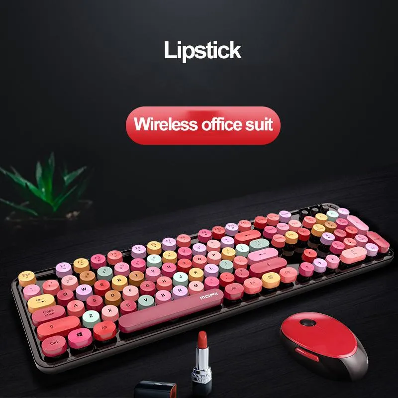 Combos 2.4G Teclado sem fio Mouse Kit Office Girl Presente 104 teclas redondas Keycap bonito rosa azul verde vermelho preto branco para PC laptop novo