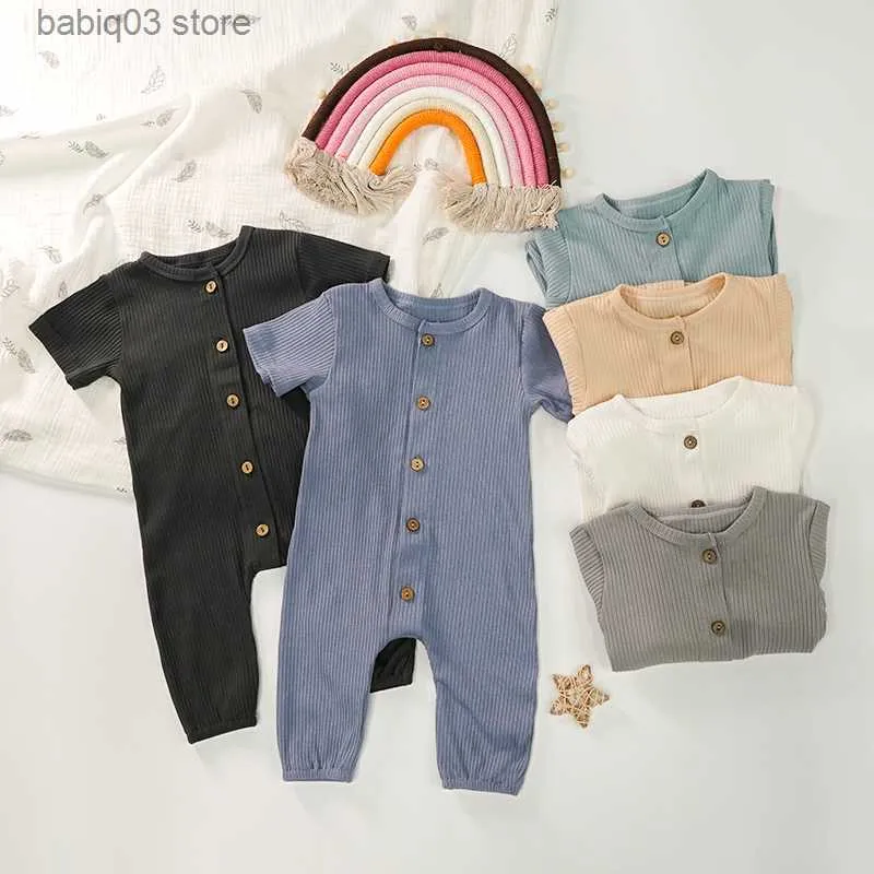 Rompers Baby Boy Clothes Newborn Ribbed Short Sleeve Rompers Toddlers Boys Pajama New Fashion Jumpsuit Unisex Buttons Rompers Overalls T230529
