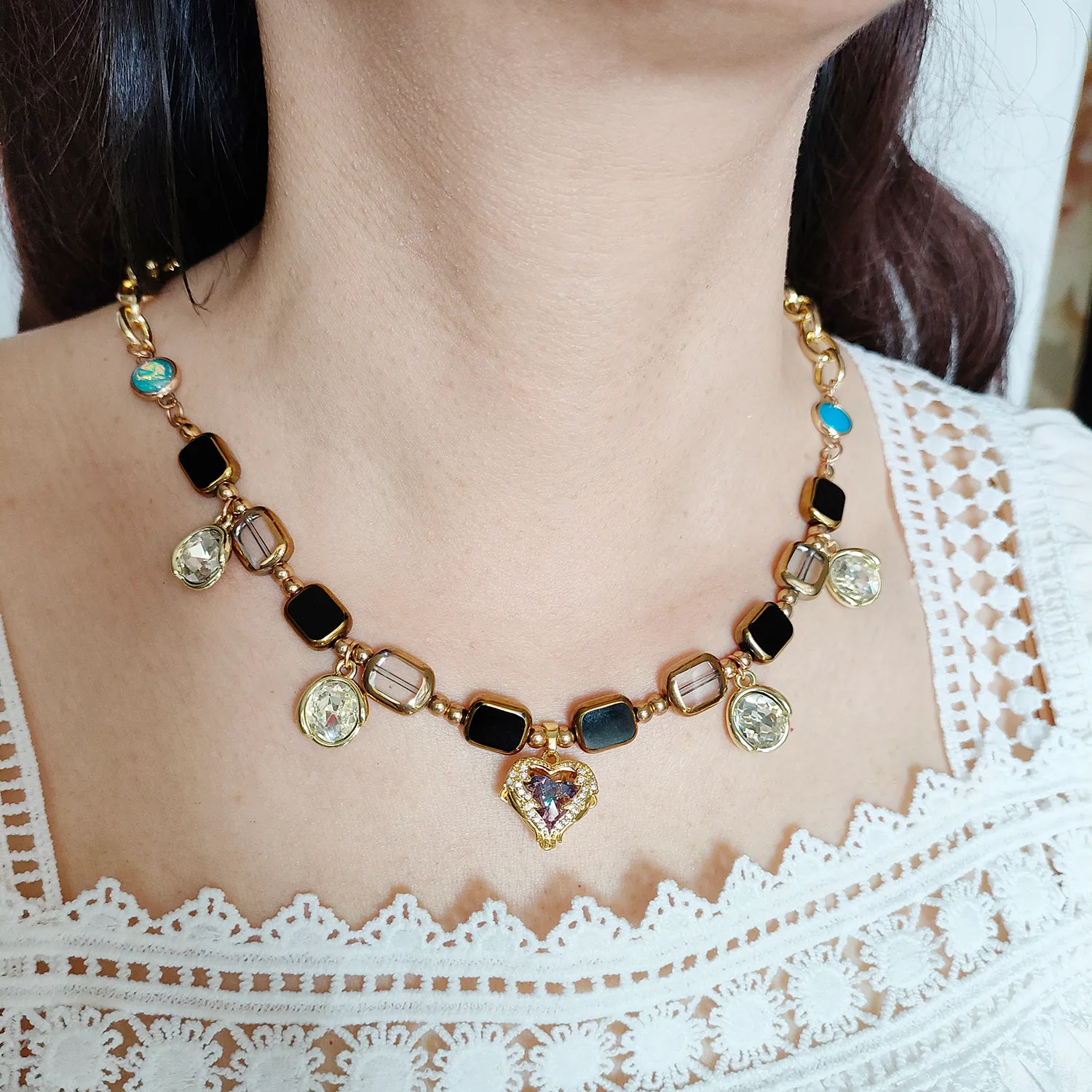 Vintage kleurrijke hart hanglanke ketting choker y2k esthetiek wit helder kristallen kralen charmes ketting voor damesmeisjes dames boho sieraden accessoires moeder geschenk