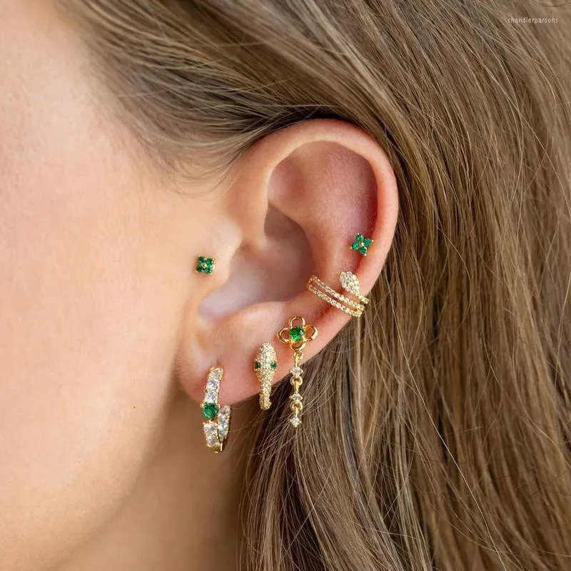 Boucles d'oreilles à tige des années 2000 esthétique Y2k vert serpent Piercing Kit pour adolescentes 6 pièces Zircon trèfle oreille Daith Tragus Cartilage accessoires