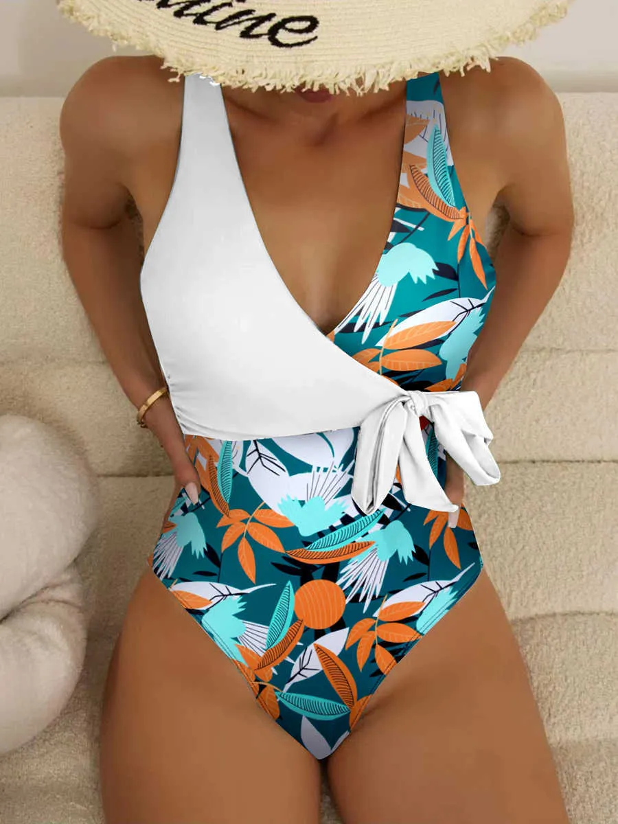 Swim Wear 2023 Tropical Print Knot Side Belted Swimsuit One Piece Swimwear Women Padded Bathing Suit Fa Swimming Summer Beachwear AA230529
