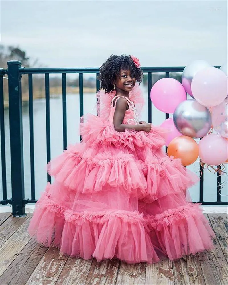 Abiti da ragazza Pink Puffy Girls Abito da ballo a strati con scollo a V Abito lungo da principessa per compleanno Spettacolo per bambini Taglia 1 14