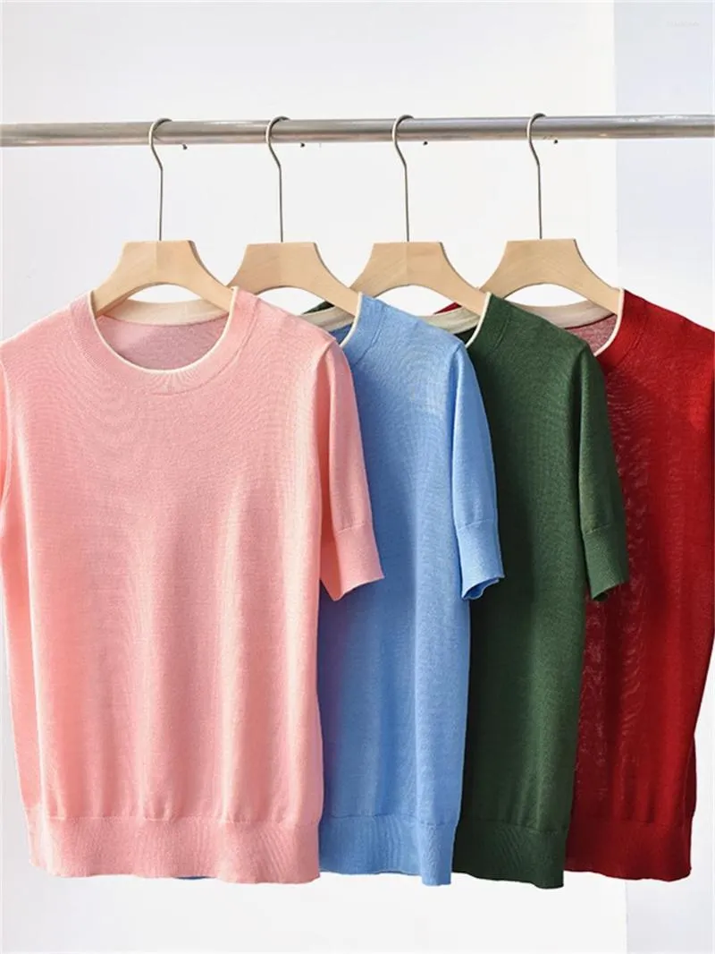 Women's T Shirts Ladies Woll Silk Blended Knitted T-Shirt 2023 Summer Women Color Patchwork O-Neck Short Sleeve Solid Pullover Tee Tops