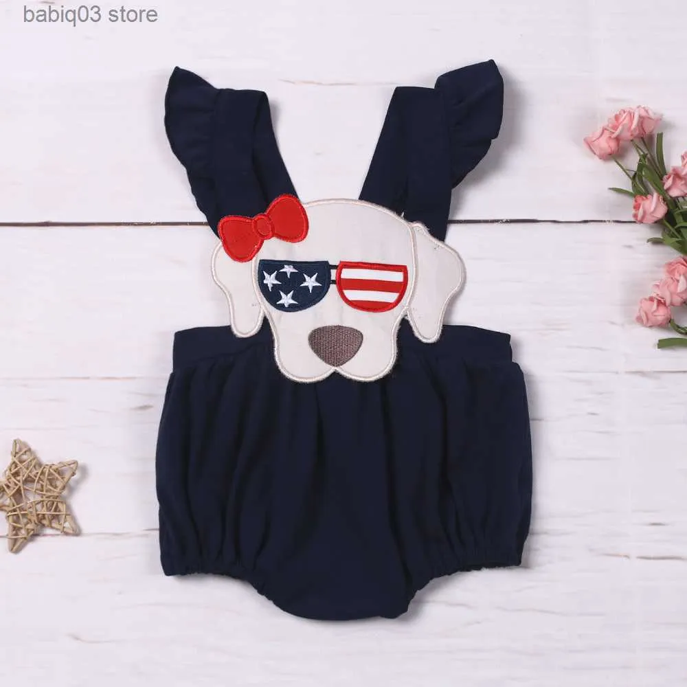 Rompers New Born Independence Day Romper Babi Girls Clothes Puppy Embroidery Bodysuit Outfit Sleeve One Piece Infant Short 0-3T Jumpsuit T230529