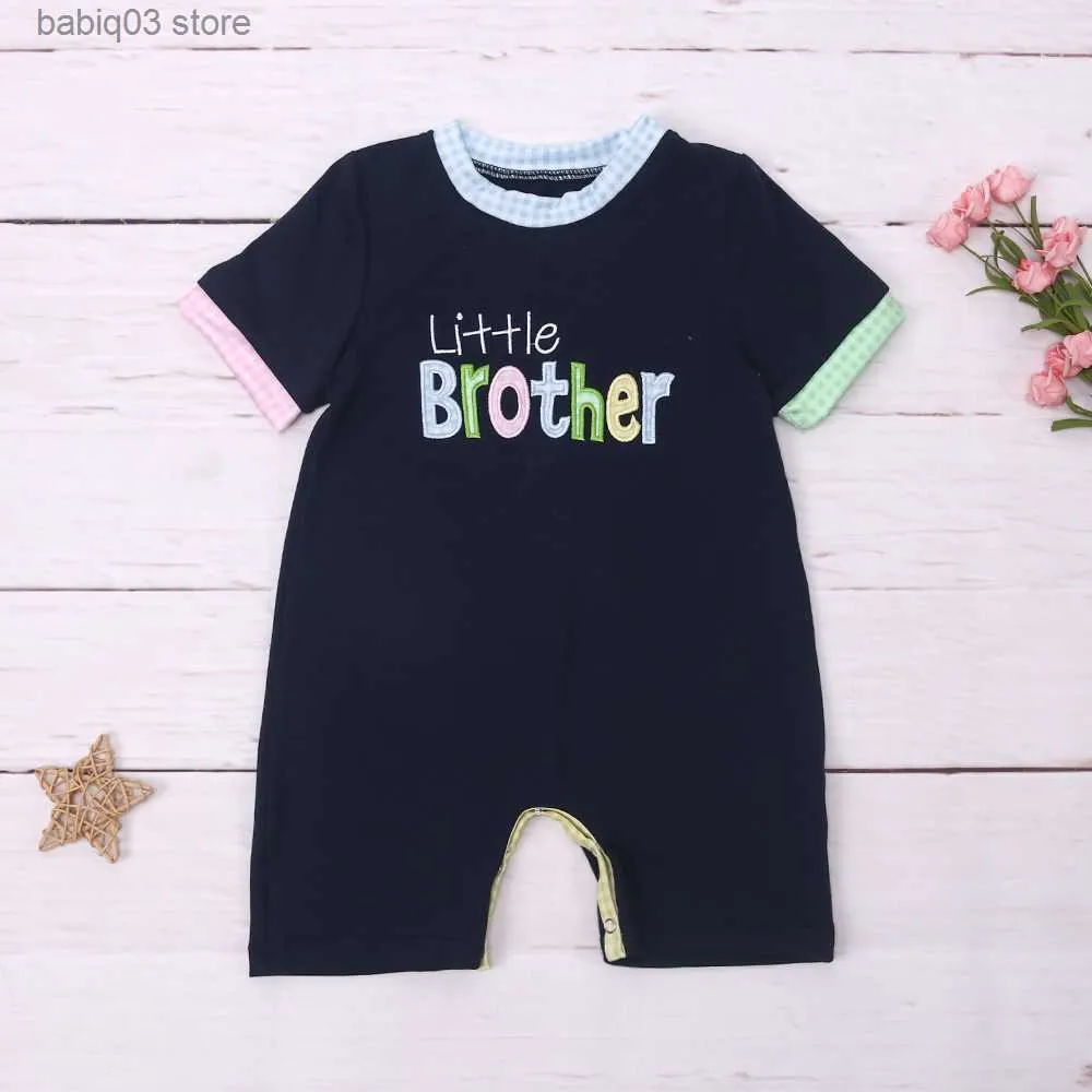 Rompers 0-3T Newborn Baby Boy Romper Infant Black Sleeveless Jumpsuit With Letter Little Brother Embroidery One-piece Toddler Bodysuit T230529