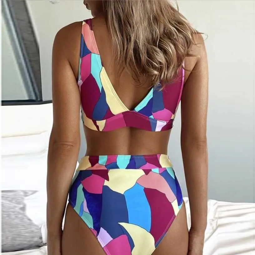 Swim Wear Women's Swimwear Yiiciovy Women Summer Bikini Sets Geometric Print V-Neck Bikinis Padded Bras + High-Waist Briefs Swimsuit for Ladies Beachwears AA230529