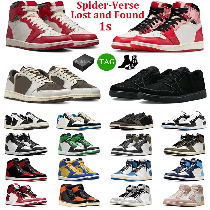 With Box Spider-Verse 1s Basketball Shoes Men Women 1 Low Olive Black Phantom Reverse Mocha Lost Found Lucky Green Bred Patent Mens Trainer Sports Sneakers
