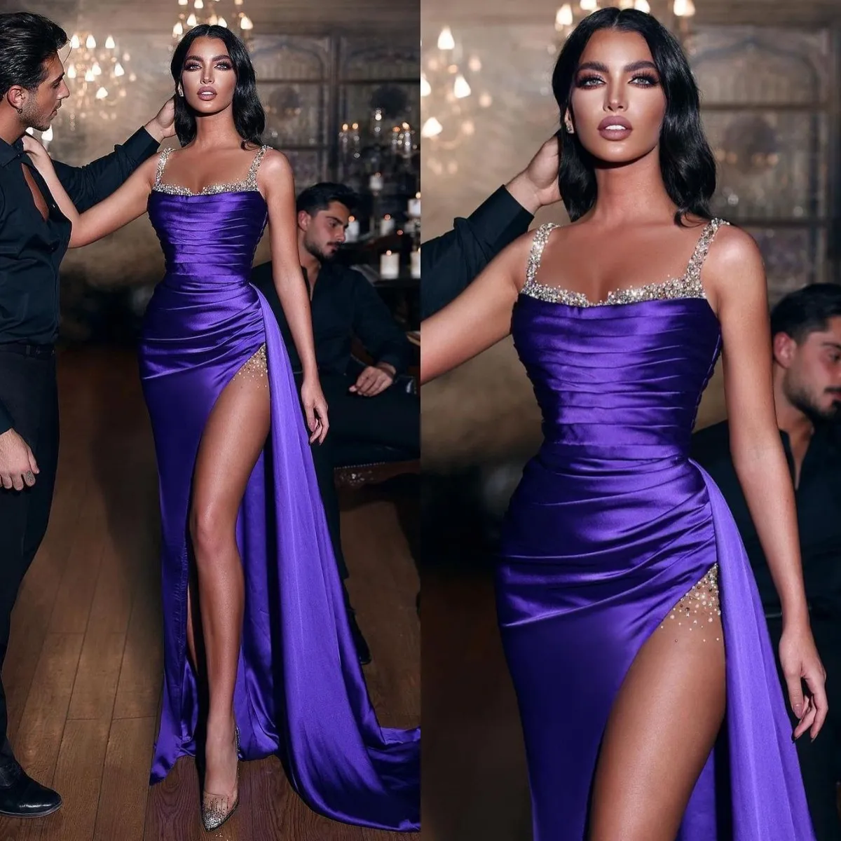 Robes de soirée violettes sexy paillettes bretelles robe de bal de soirée formelle plis cuisse robes fendues pour une occasion spéciale