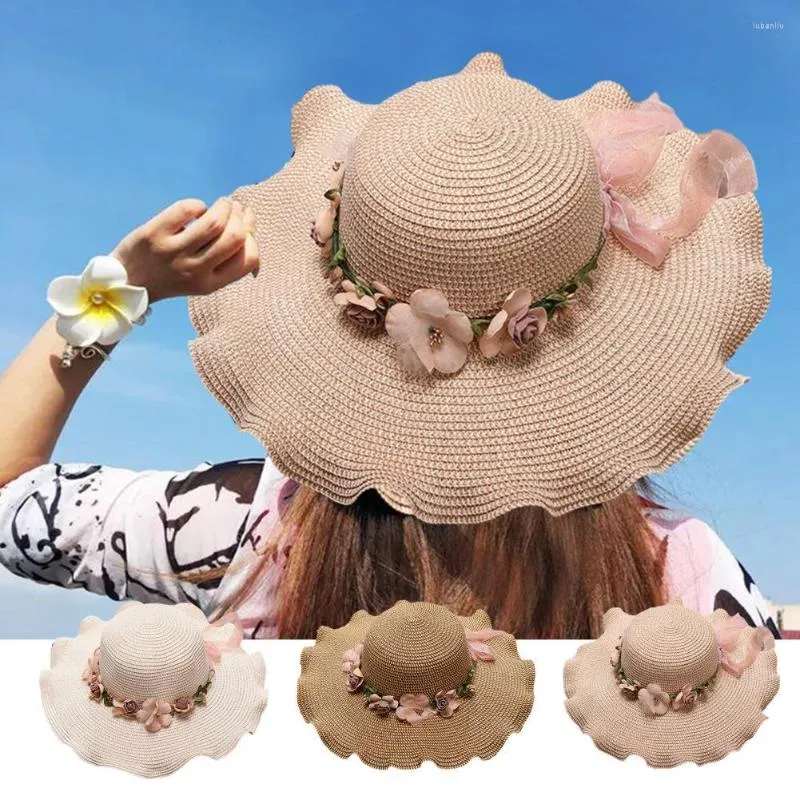 Chapeaux à large bord fleur décor à lacets nœud papillon chapeau de soleil dôme rond bande d'absorption de la sueur mince femmes disquette paille accessoires de mode