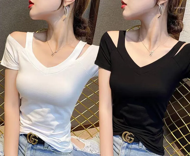 Women's T Shirts 2023 Summer Strap Short Sleeve Solid Color Ladies T-shirt Women Off Shoulder V-Neck Slim Casual Tops Tees Clothing M93