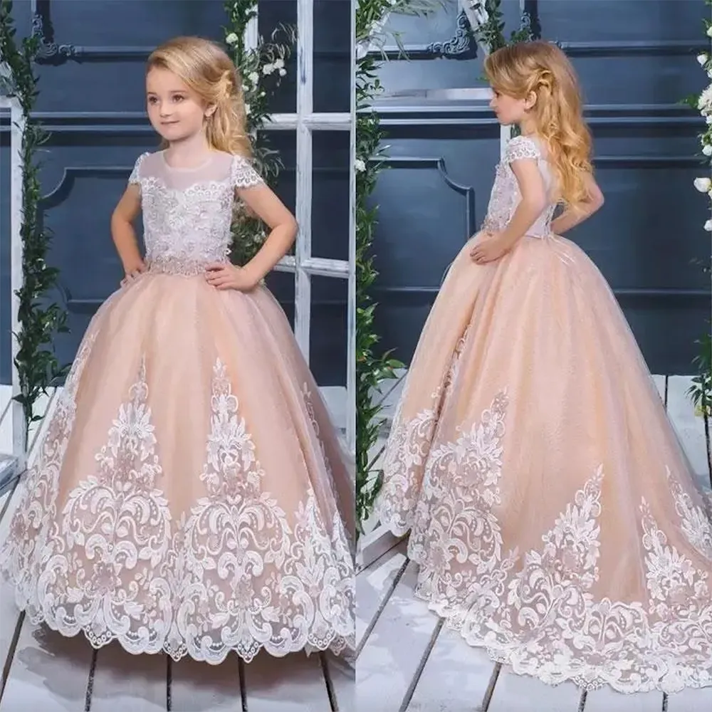 Pretty Ball Gown Flower Girls Dresses For Weddings Lace Appliqued Puffy Skirts Communion Dress Short Sleeve Little Kids Birthday Gowns