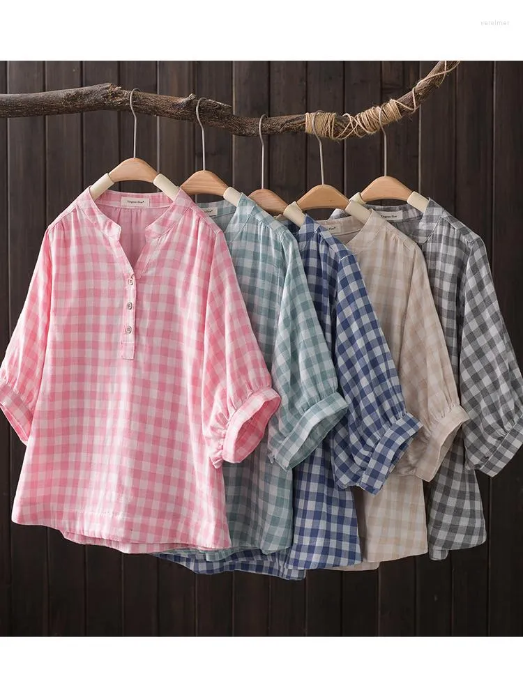 Women's Blouses Lamtrip Vintage Double Layers Cotton Yarn Half Lantern Sleeve Women House Plaid Shirt Blouse 2023 Summer