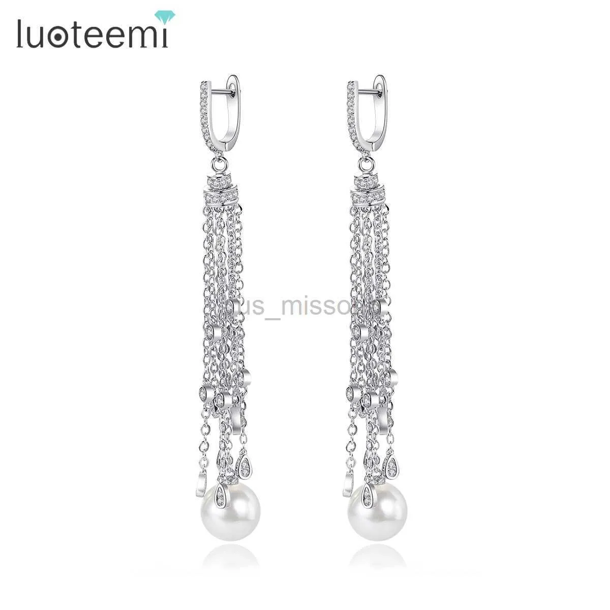 Stud Luoteemi Korean Fashion Waterdrop Tassel CZ Pendant Chandelier Dingle Earring For Women Luxury Bridal Imitation Pearl Jewelry J230529