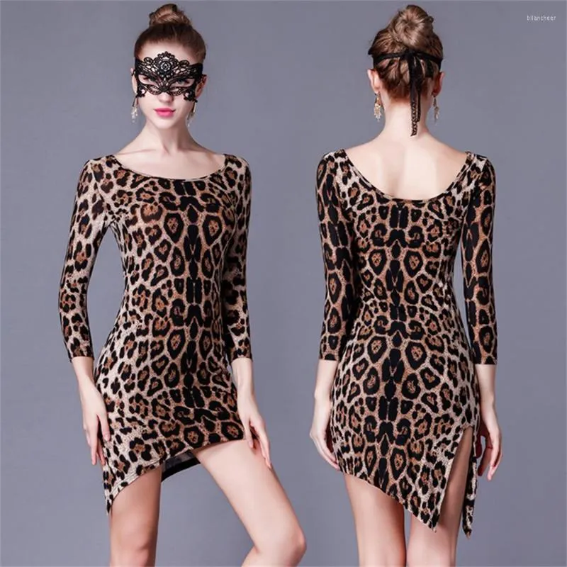 Scene Wear Latin Dance Dress Women Långärmning Leopard Print Team Tävlingsprestanda Kläder