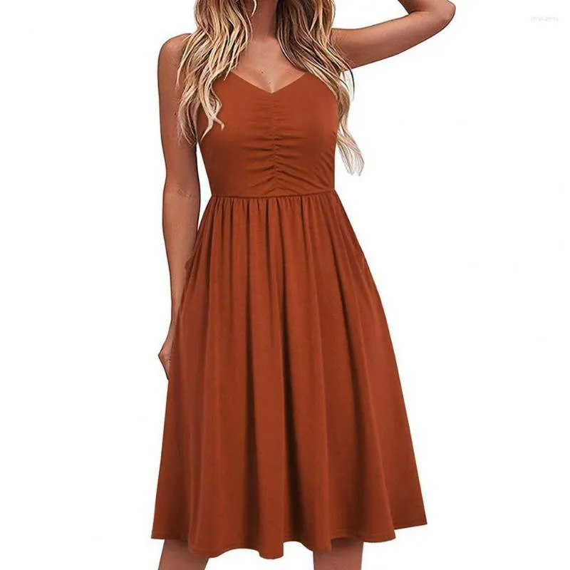 Casual Kleider Tunika Sling Kleid Frauen Sommer A-linie Spaghetti Strap V-ausschnitt Raffen Taille Enge Knielange Einfarbig Hochzeit