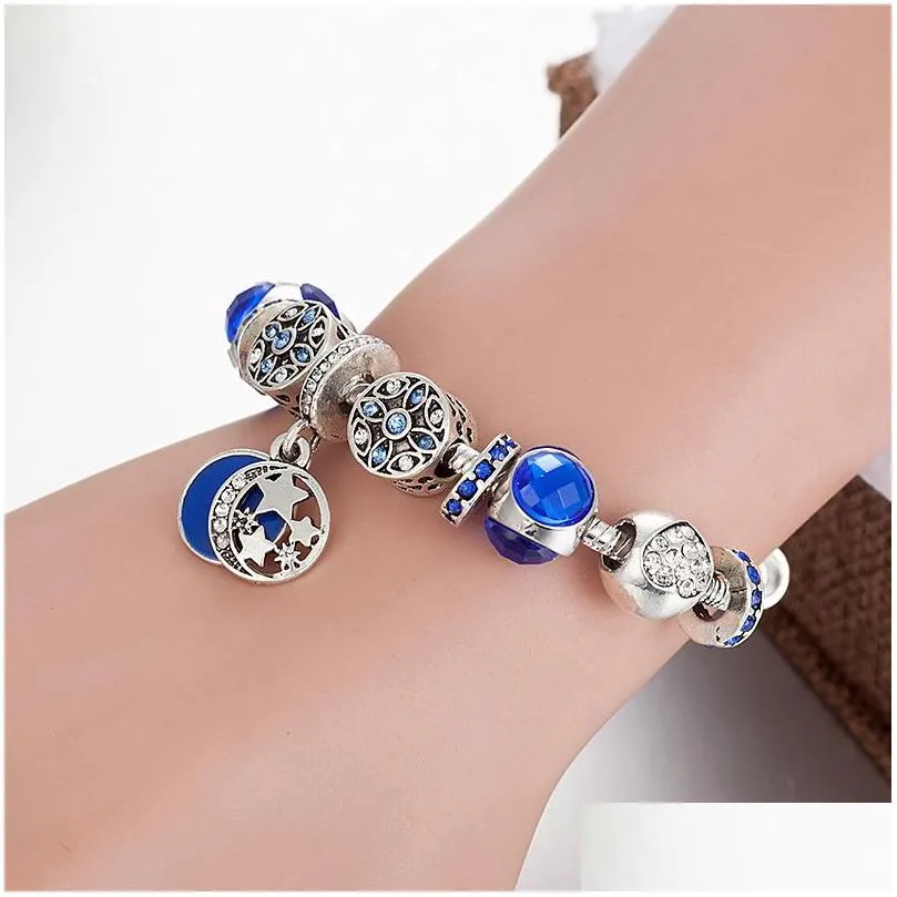 fashion blue charm pendant bracelet for jewelry silver plated diy star moon beaded bracelet with box