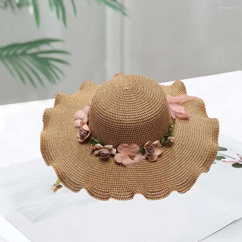 Chapeaux à large bord mode fleur décor à lacets nœud papillon chapeau de soleil rond dôme Absorption de la sueur bande mince femmes disquette paille