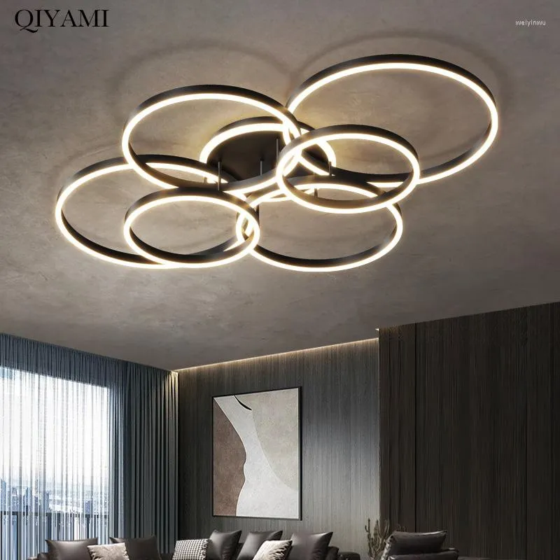 Lustres Moderne De Luxe Ronde LED Lustre Lumières Pour Salon Chambre Salon Brossé Or Noir Café Luminaire Intérieur Lampes