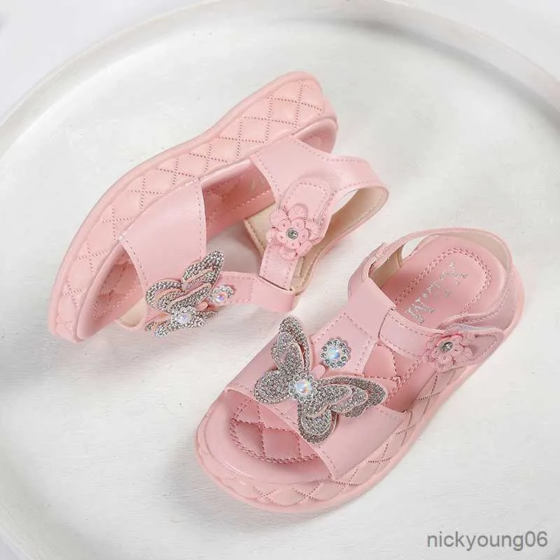 Sandálias de verão sandálias para meninas plataforma apartamentos princesas verão crianças sapatos de cozinha de bebê 21-36 calçados bilinizadores bege rosa R230529