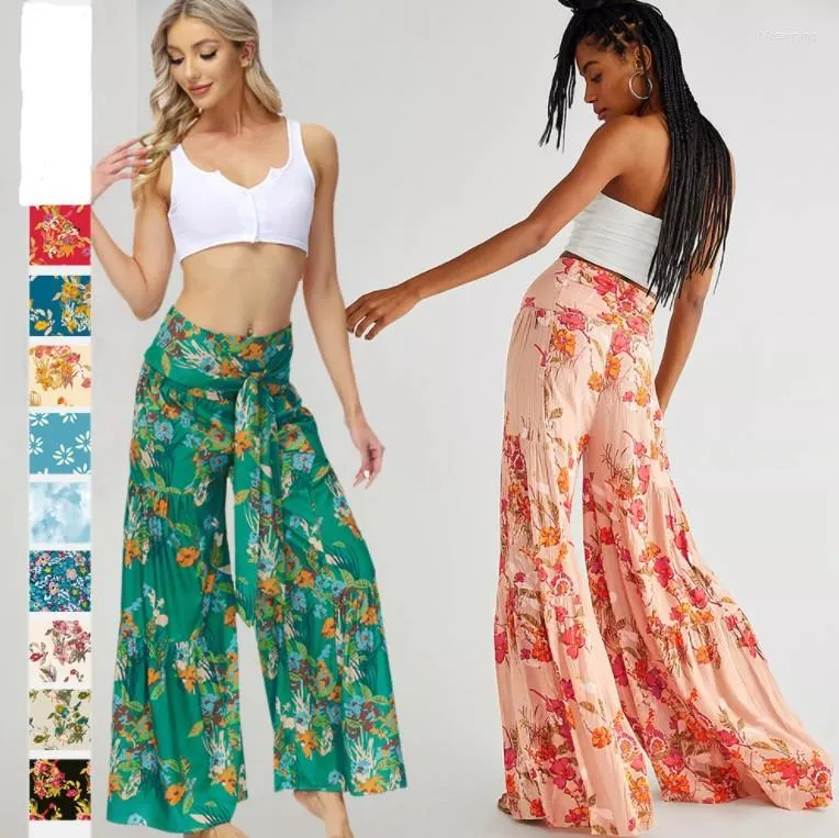 Women's Pants Women Casual Wide Leg Hight Waist Floral Printed Long Loose Brach Flower Trousers Summer Pantalones De Mujer