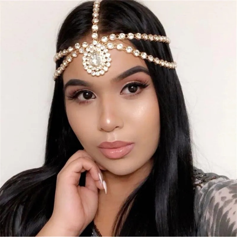 Emerald Water drop Pendant Forehead chain headband Bohemian elegant fashion multi-layer rhinestone head chain Hair Dance party Performance accessories 1229