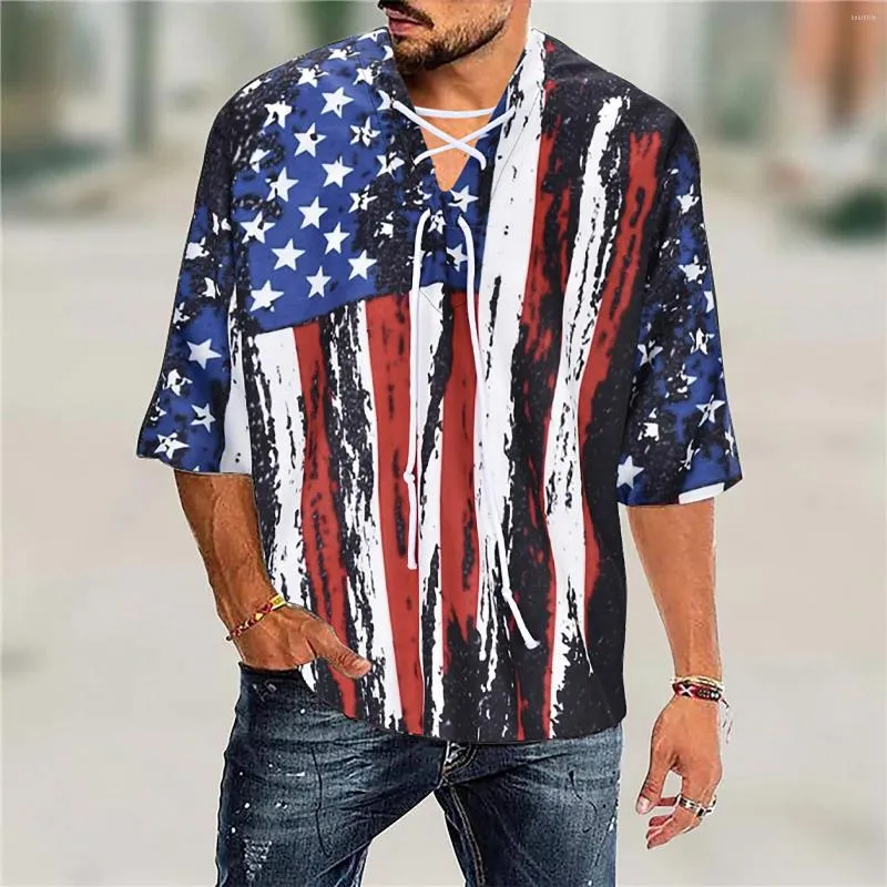 Camisas casuais masculinas Manga curta da Independence Day Camisa de praia com pescoço em V e shorts impressos