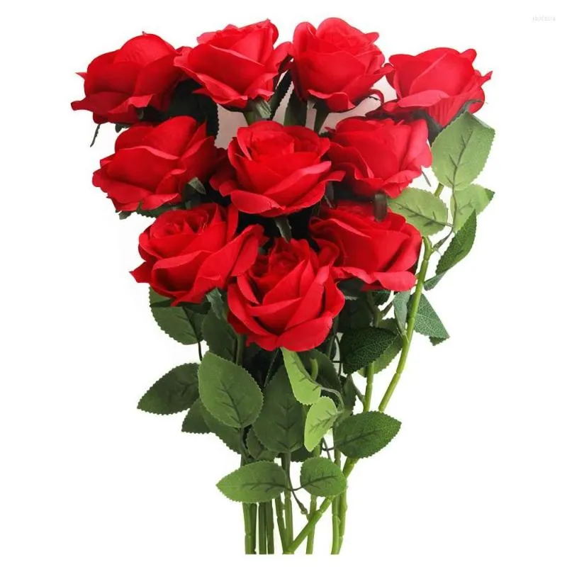 Flores decorativas 10pcs seda rosa bouquet Rosas falsas em massa com folhas decoração de casamento em casa artificial interno