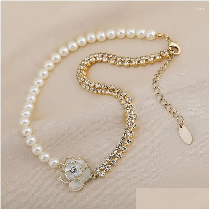 Chokers Choker Fashion Double Rhinestone Pearl Stitching Ladies Necklace Camellia ClaVicle Chain Womens Flower Neck Rem Drop Deliv Dhmyl