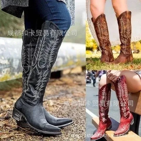 Women s Brown Embroidered Knee High Cowboy Boots with Zip Closure Warm Winter Fashion Boots